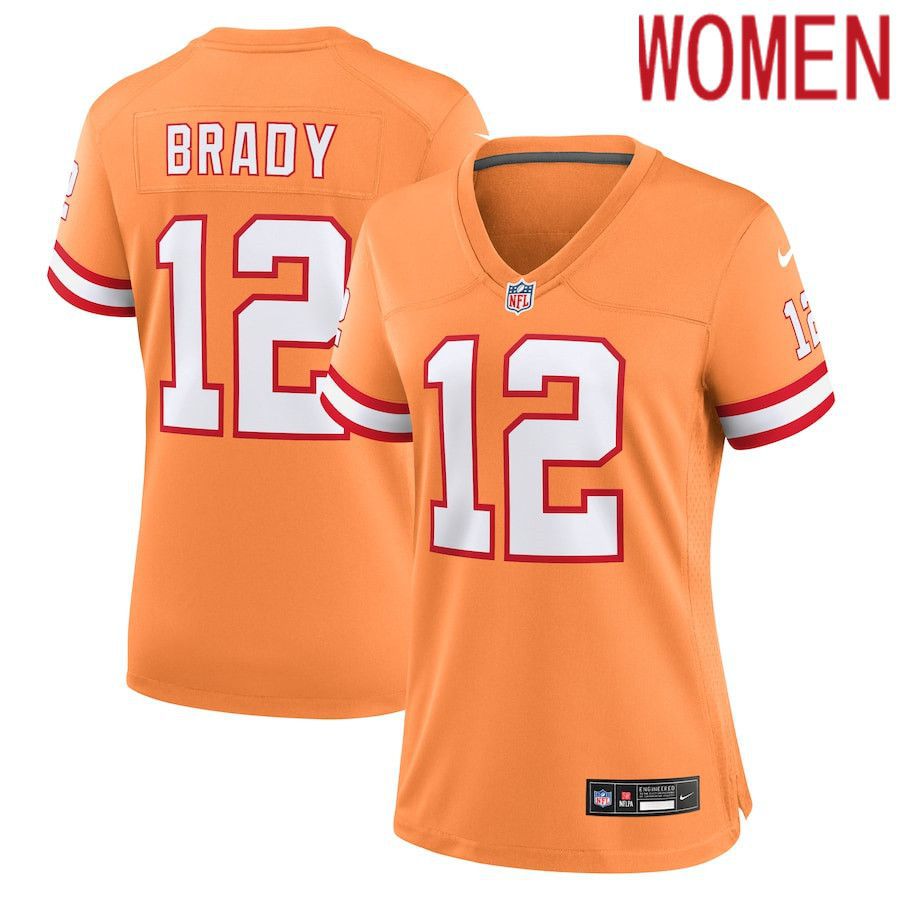 Women Tampa Bay Buccaneers 12 Tom Brady Nike Orange Throwback Game NFL Jersey